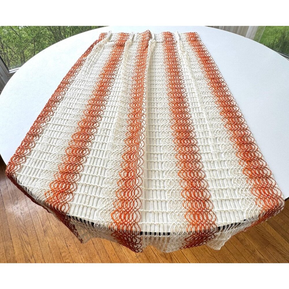 Vintage 70s mesh curtain, tan, rust, orange wavy stripes, rod header, per panel
